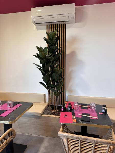 Création de bacs à fleurs avec banquettes ficus 3 troncs artificiels au restaurant Lady Sushi à St Gely du Fesc près de Montpellier